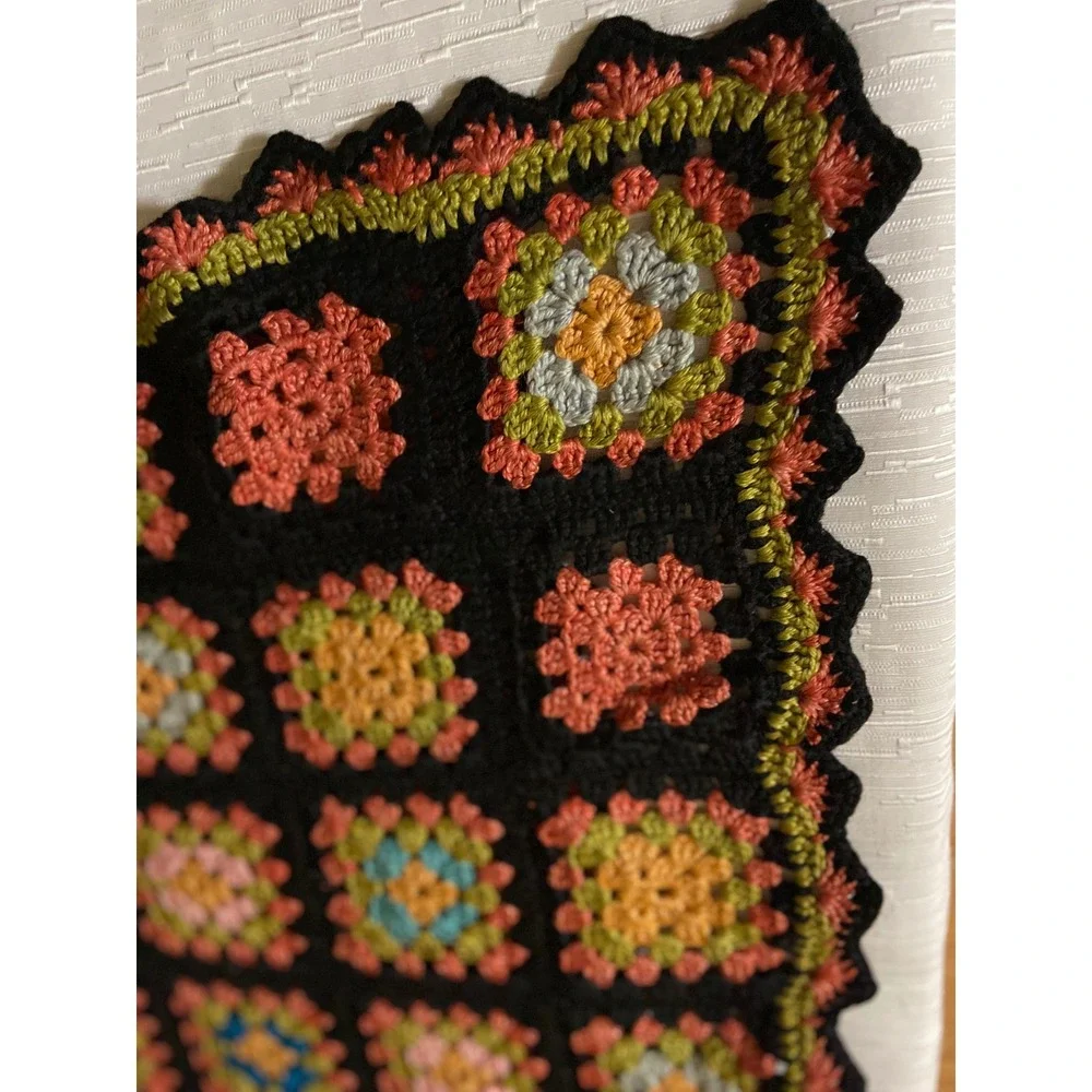 Vintage Handmade Crochet Granny Blanket Black Multi Color Retro Throw 28x36